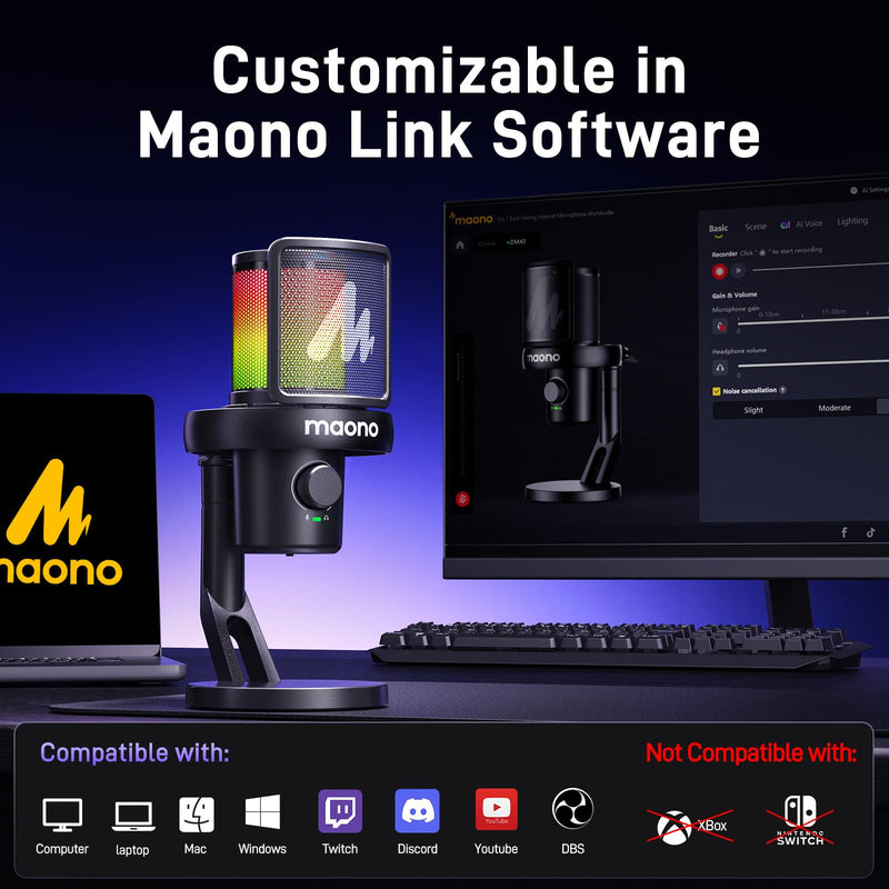 MAONO Wireless Microphone for PC,Gaming Streaming Condenser Mic with Software AI Voice Change,3-Level Noise Cancellation,Custom EQ,Gain Control USB Mic for Podcast Recording (DM40-Black) DM40 AI Mic DM40-Black