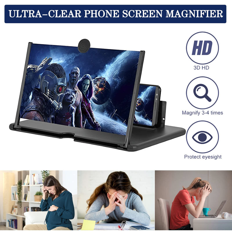12" Screen Magnifier for Smartphone 3D HD Mobile Phone Screen Magnifier Video Expandable HD Screen Foldable for Watching Movies Videos, Playing Games, for All Smartphones（Black） 12"