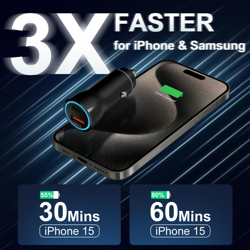 iPhone 16 15 Car Charger, [Apple MFi Certified] USB C Car Charger 43W Fast Charging with 3.3 FT USB C to USB C Cable, PD USB-C & QC 3.0 USB Car Adapter for iPhone 16 15 Pro Max Plus Black 1 Pack