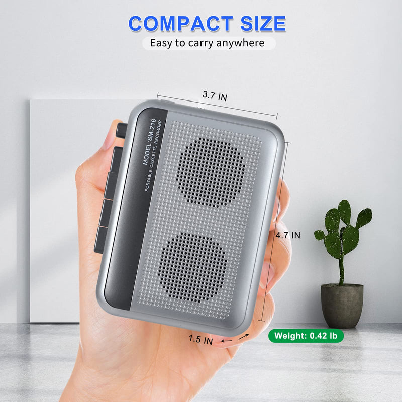 Portable Cassette Player Recorder with Bluetooth Transmitter, Walkman Cassette Tape Player with Headphone Jack, Build-in Speaker, Microphone Jack, Powered by AC Adapter or AA Battery Sliver