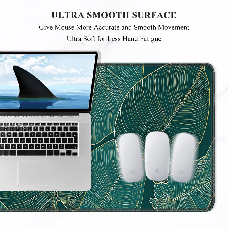 Auhoahsil Desk Pad, XL Extended Large Gaming Mouse Pad 31.5 x 11.8 Inch, Waterproof Mousepad with Stitched Edge, Non-Slip Computer Keyboard Laptop Mat for Women Men Office Work, Teal Tropical Leaves