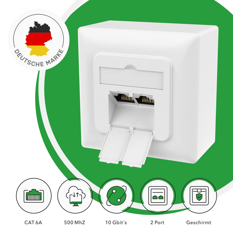 RedStar24 Cat6A Universal Network Socket with 2x RJ45 Ports - 10 Gbit/s Shielded LAN Socket for Surface-Mounted and Flush-Mounted, Compatible with CAT7/CAT6/CAT5, POE Enabled, Signal White, Complies 1 Stück