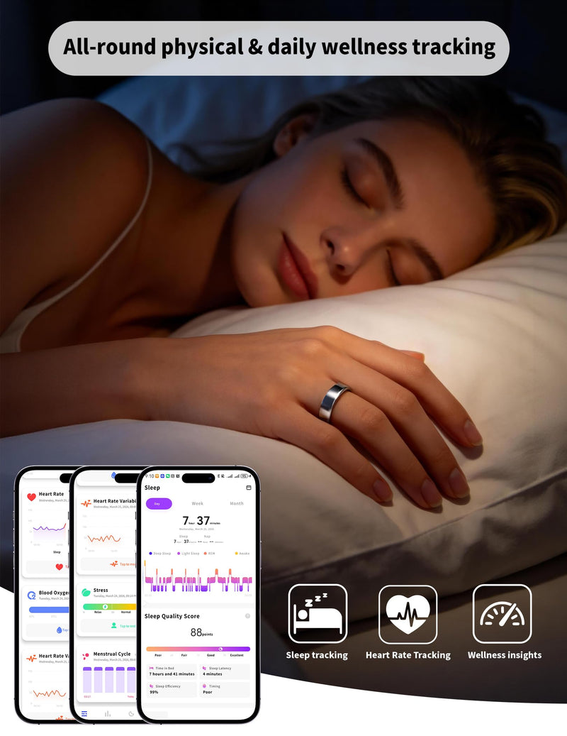 Smart Ring for Women Men Fitness Tracker Heart Rate Sleep Trends 128 Sports Modes Gesture Control Cycle Tracking IP68 Waterproof No Subscription Compatible with iPhone Android (Silver, Size 9)