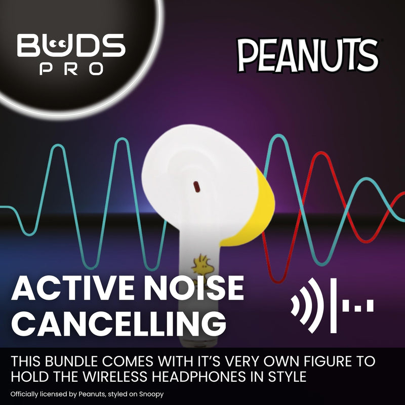 Buds Pro Peanuts Snoopy Wireless Bluetooth EarBuds & Phone Holder - In Ear Headphones with Microphone, 28+ Hours Playtime, Active Noise Cancelling Wireless Earbuds with IPX4 Rating & Charging Case