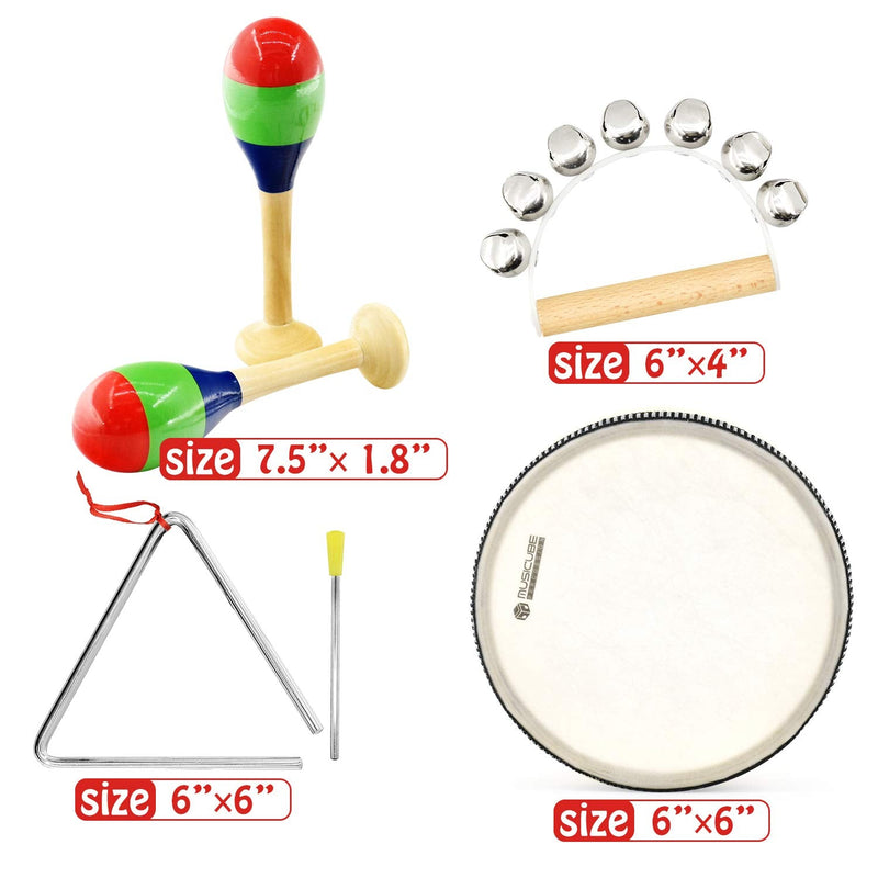 MUSICUBE 7 Pcs Musical Instrument Toys Set for Kids Wooden Percussion Instrument with Hand Drum, Maracas, Triangles, Hand Bell Educational Instrument for Toddler Birthday Gift for Boys Girls Aged 3+