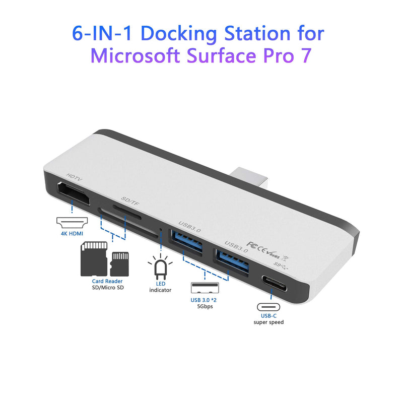 Surface Pro 7 USB C Hub, 6-in-2 Aluminum Surface Pro 2019 Dock with 4K HDMI Adapter+ USB C Audio & Data Transfer Port +2 USB 3.0+SD/TF Card Reader, Converter Combo Adaptor for Microsoft Surface Pro 7