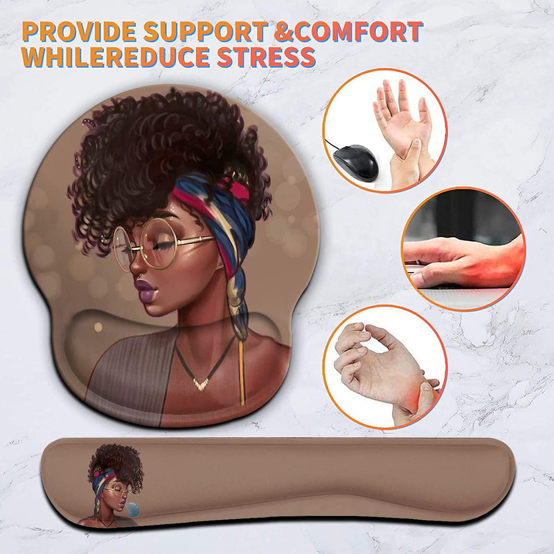 Ergonomic Mouse Pad Wrist Support Gel and Keyboard Wrist Rest Set for Laptop, Mac, Gaming and Office, Durable, Comfortable and Pain Relief + Coaster , African American Women Girl