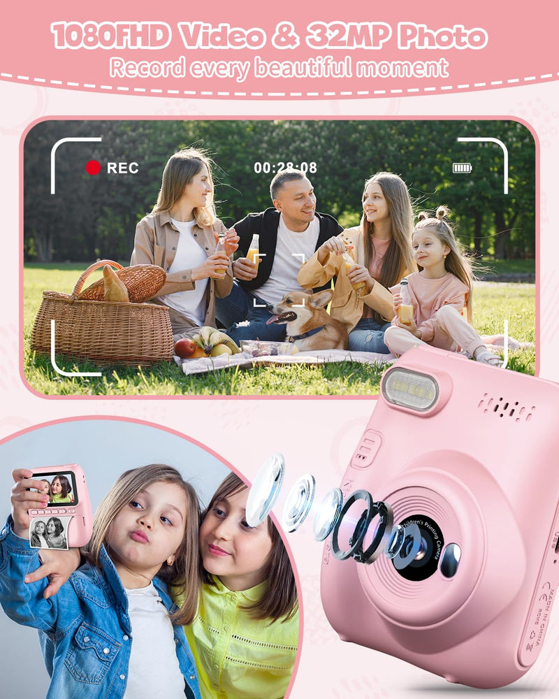 Kids Instant Print Camera, 3.0-inch HD Screen 32MP Photo Instant Digital Camera Christmas Birthday Gifts Toys for Toddle Children Girls Boys Age 3-12 - Pink