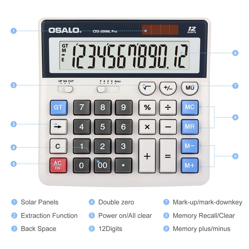 OSALO Desktop Calculator Extra Large Display 12 Digits Big Buttons Solar Accounting Calculator for Office (OS-200ML) OS-200ML Pro