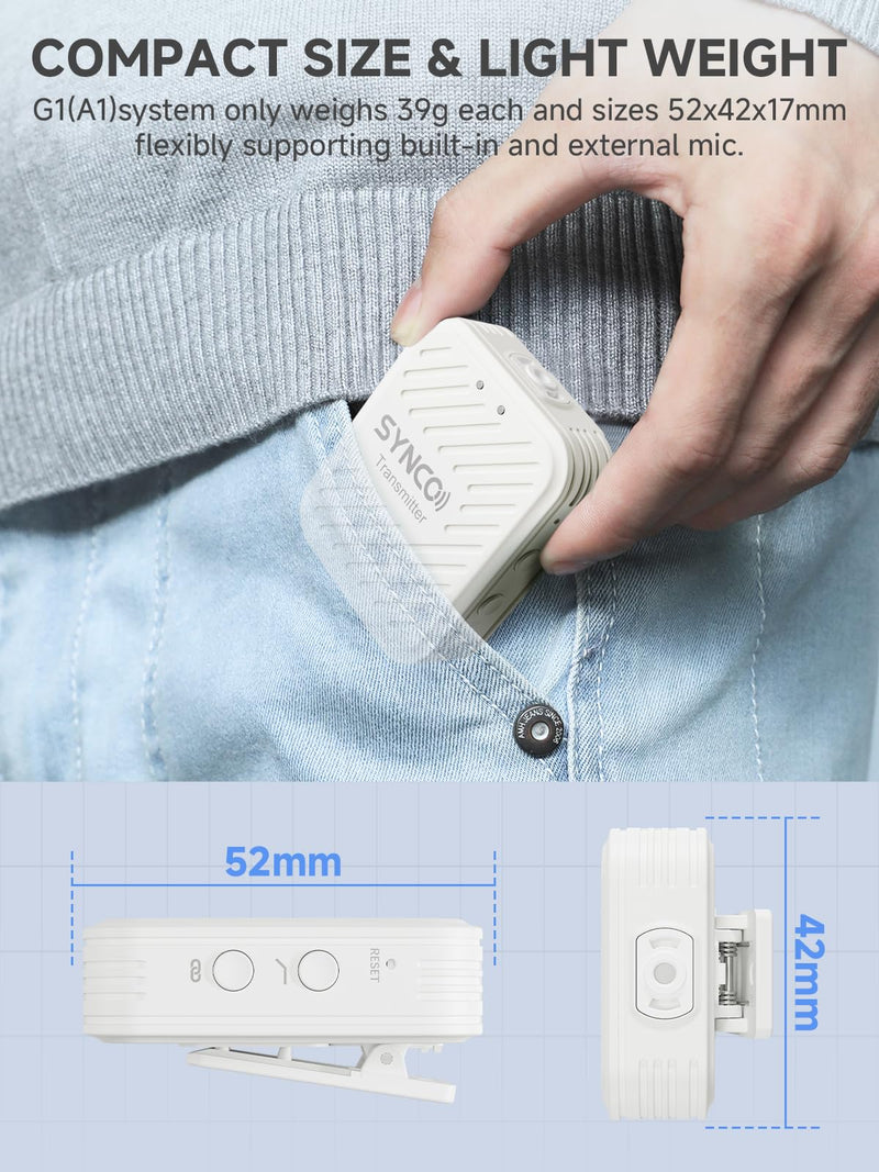 SYNCO Wireless Lavalier Microphone White, Microfonos Inalambricos Professional 3.5mm TRS 2.4GHz 70m Transmission Range Noise Cancellation Receiver and Transmitter