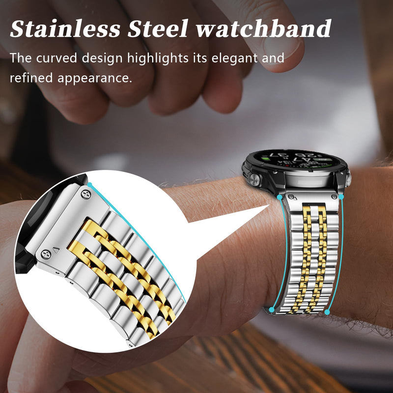 ZPJPPLX 22mm Metal Watch Bands for Fenix 8 47mm E 7 6 Pro 5 plus,Stainless Steel Quickfit Strap for quatix 6 7 8/tactix 8 epix Pro 47mm/Approach S62 S70/Forerunner 970 965 955 945 935/Descent G2 G1 silver gold