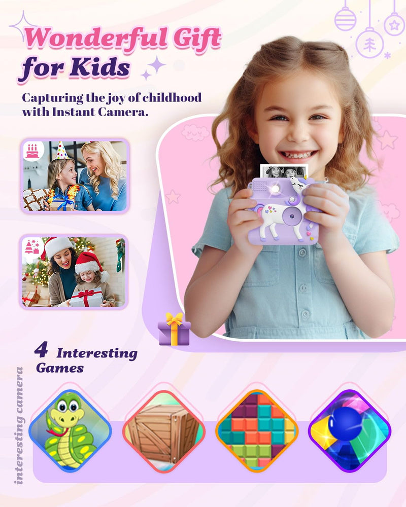 [AUSTRALIA] - Kids Camera Instant Print, 1080P Cameras for Kids Girls Toys Age 6-8, Christmas Birthday Gift for 7 8 9 10 Year Old Girls, Kids Toys for Girls Age 3-12 with 3 Rolls Paper and a 32G Card-Purple Purple 