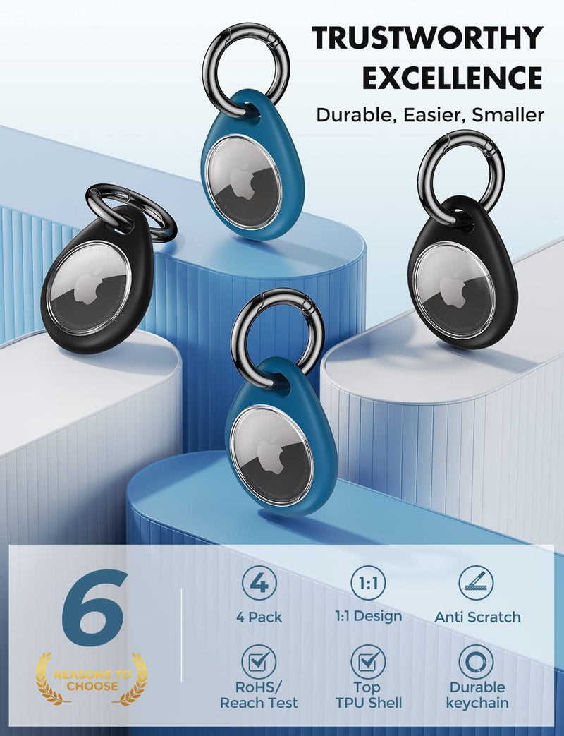 UNBREAKcable Apple AirTag Holder - 4 Pack [Fit Tightly Design] [Easy to Install] [Hold Air Tag Securely] Waterproof TPU Shell Protective Case with All Metal Keychain Key Ring Clip Black & Blue