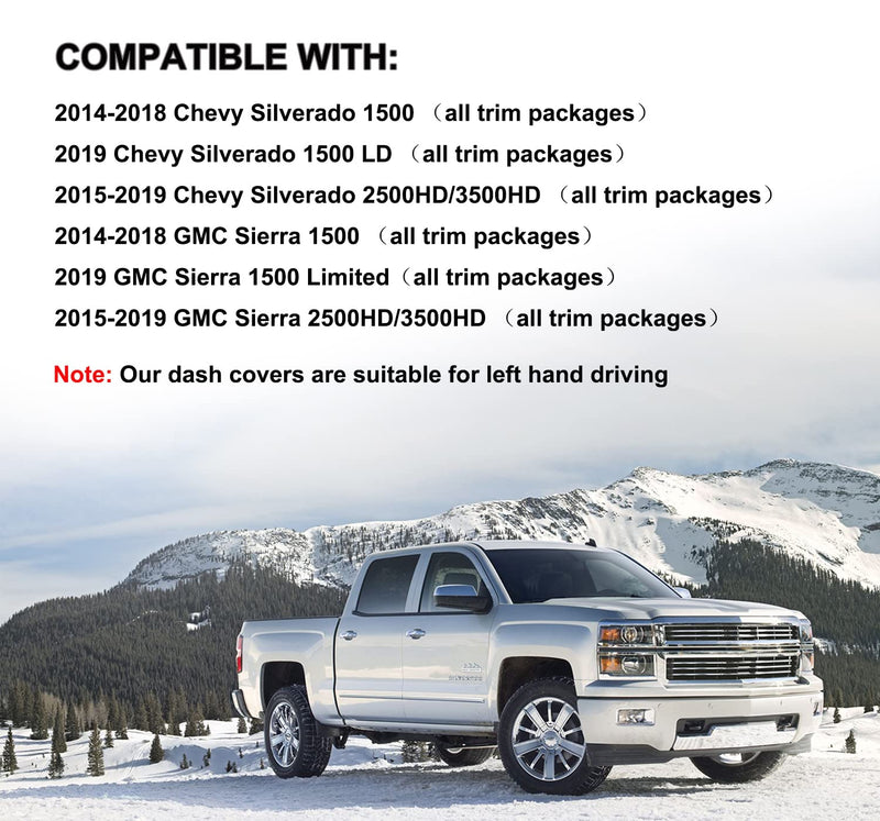 Dash Cover for GMC Sierra/Chevy Silverado 1500 2014-2018(Dark Gray) Y32 | Yiz Dashboard Mat Pad Carpet Fit GMC/ Chevrolet 2500HD 3500HD 2015-2019 Models, w/o Forward Collision Warning 14-18 Gray