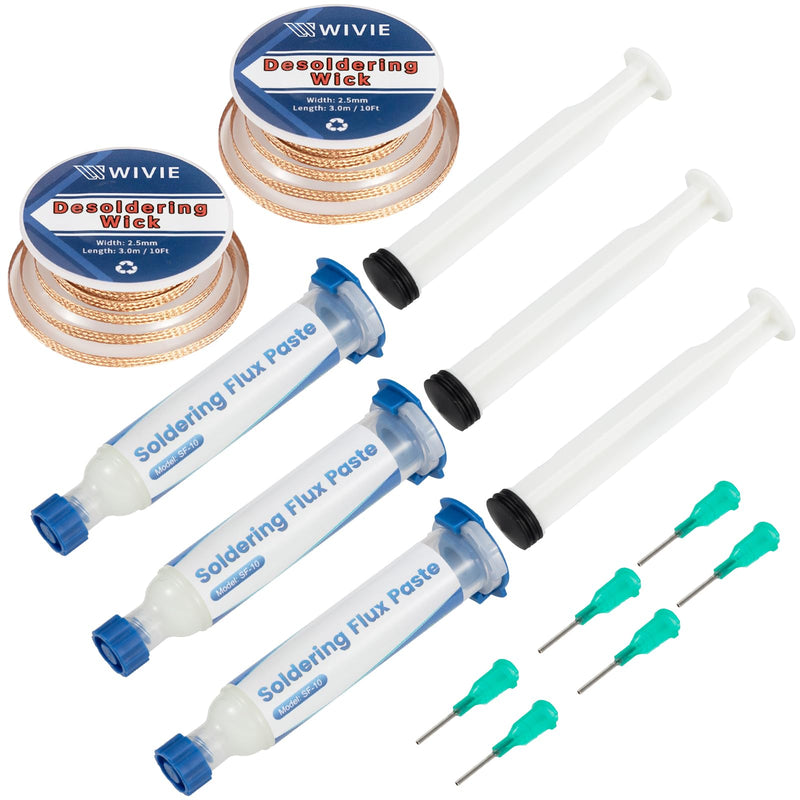 WIVIE Lead-free no-clean solder paste flux (3 packs) & 2.5 mm soldering desoldering wire, 3 m / 10 ft desoldering wire, pure copper desoldering wire for soldering removal (2 pieces) 3 Solder Paste and 2 Desoldering Wires
