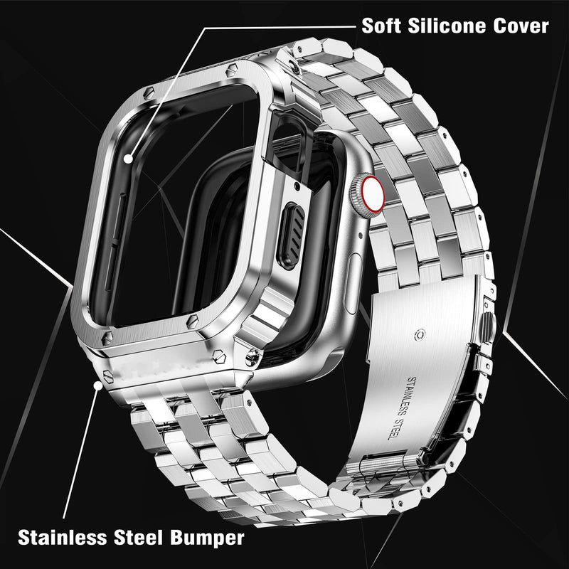 SUPLINK Stainless Steel Case Compatible with 45mm Apple Watch Bands for Men | Metal Rugged Case Protective Bumper Adjustable Bands for iWatch Apple Watch Series 9 8 7 Band, Silver 45mm(series 9/8/7)