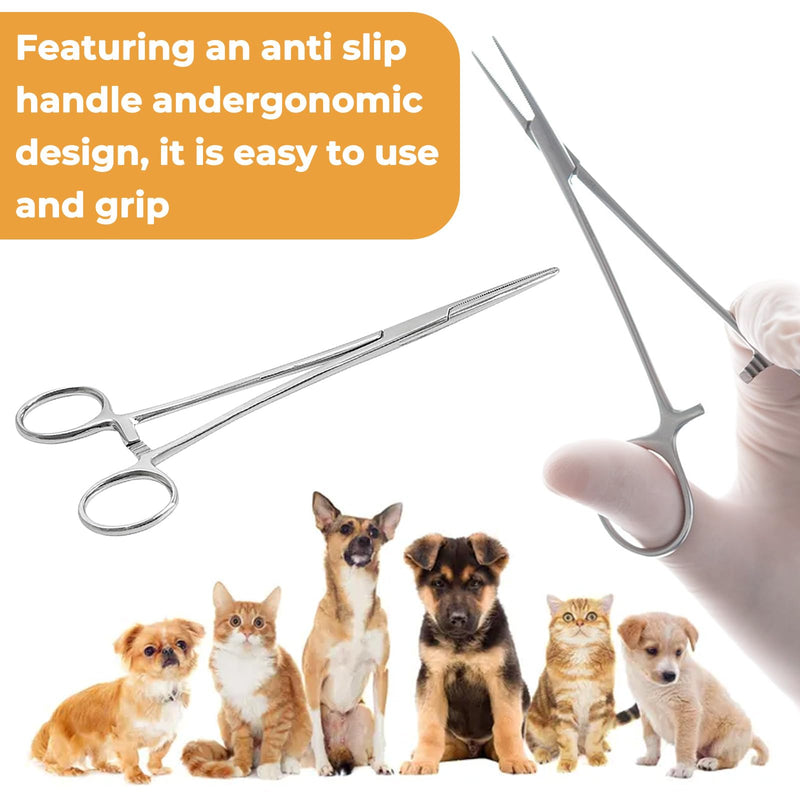 Pack of 2 Piercing Pliers and Hook Remover Pliers Made of Stainless Steel - Tweezers for Cats and Dogs Hair - Sawtooth Design - Artery Clamp - 12.5 cm - Straight and Curved Heads - Nurse Accessories
