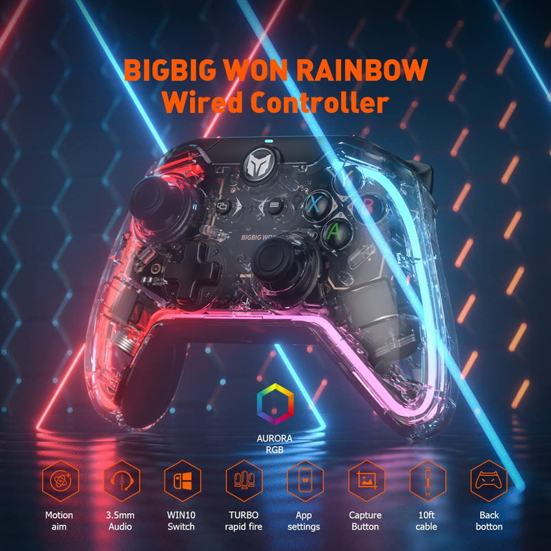 PC Controller, BIGBIG WON Rainbow Wired Game Controller RGB Light, Custom Back Button, Motion Aim, Dual Motor, Linear Trigger, 3.5mm Audio PC Gaming Controller for Win11&10 Controller for Switch - 1pc