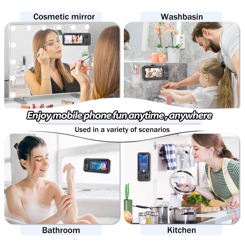 [AUSTRALIA] - Shower Phone Holder with Wireless Bluetooth Speaker,2026 New Waterproof 480 Rotation Viewable Shower Phone Case Speaker for Any Phone, Wall Mounted Phoneholder Stand for Bathroom Mirror (Black) Black 