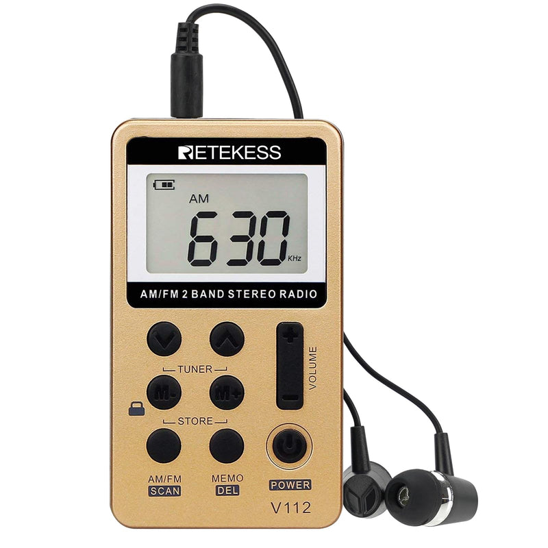 Retekess V112 AM FM Radio Portable, Mini Radio,Digital Tuning Rechargeable Battery LCD Display for Walking Jogging(Gold) Gold