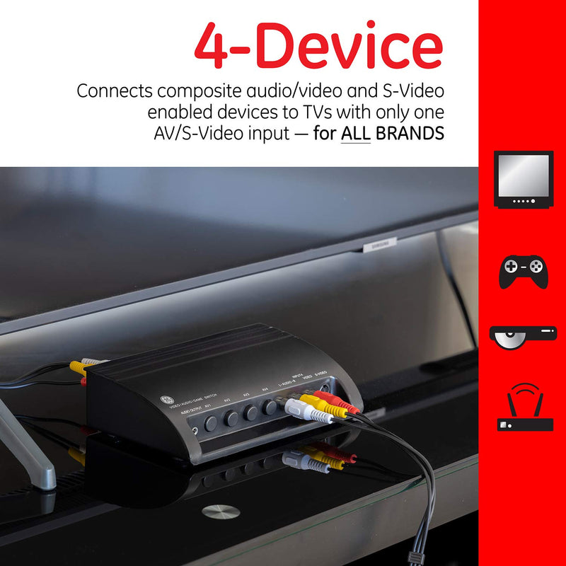 [AUSTRALIA] - GE 4-Way RCA Switch AV Splitter Switch, for Connecting 4 RCA Output Devices to Your TV, S-Video Support, Audio/Video, Game Consoles, DVD, VCR, 38807 4 Way Splitter Switch 
