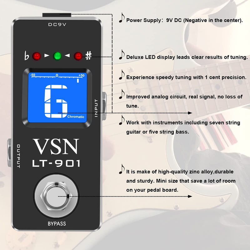 VSN Tuner Pedal,Chromatic Guitar Tuner Pedal Fast and Accuate Tuner for High Precision ± 1 Cent with Pitch Indicator for Electric Guitar and Bass True Bypass LT-901 Black Pedal Tuner