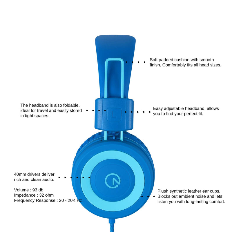 [AUSTRALIA] - noot products Kids Headphones K11 Foldable Stereo Tangle-Free 5ft Long Cord 3.5mm Jack Plug in Wired On-Ear Headset for iPad/Amazon Kindle,Fire/Boy/Girl/School/Laptop/Tablet(Skyline Blue) Skyline blue 