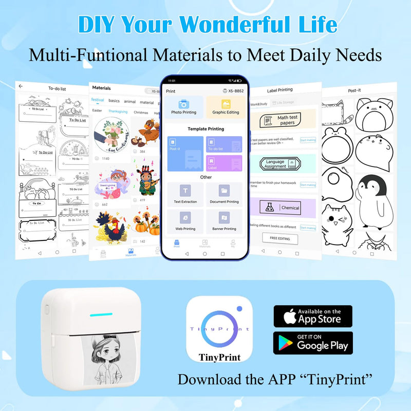 Mini Portable Printer, Inkless Sticker Printer with 12 Rolls Paper, Mini Thermal Printer for Notes/Photos/Stickers/Labels/Receipts, Pocket Printer for iPhone, Android Phone & Tablet, White