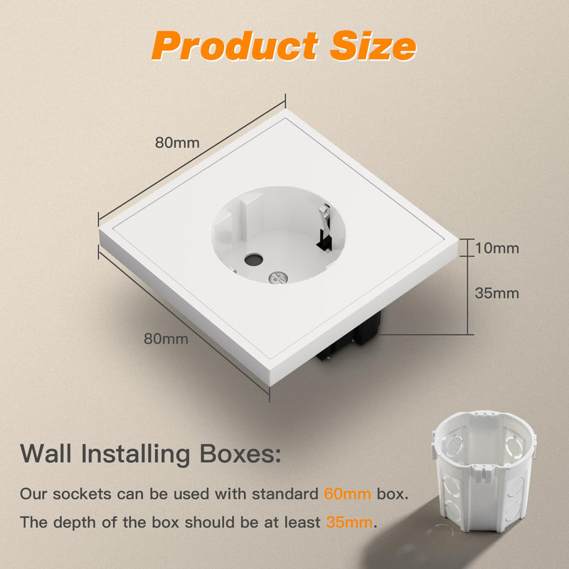 MVAVA Schuko Socket EU Standard, 1 Compartment Flush-Mounted Socket, 80 mm x 80 mm Sockets, Easy Installation, 3-Wire Required, White 2-1-gang