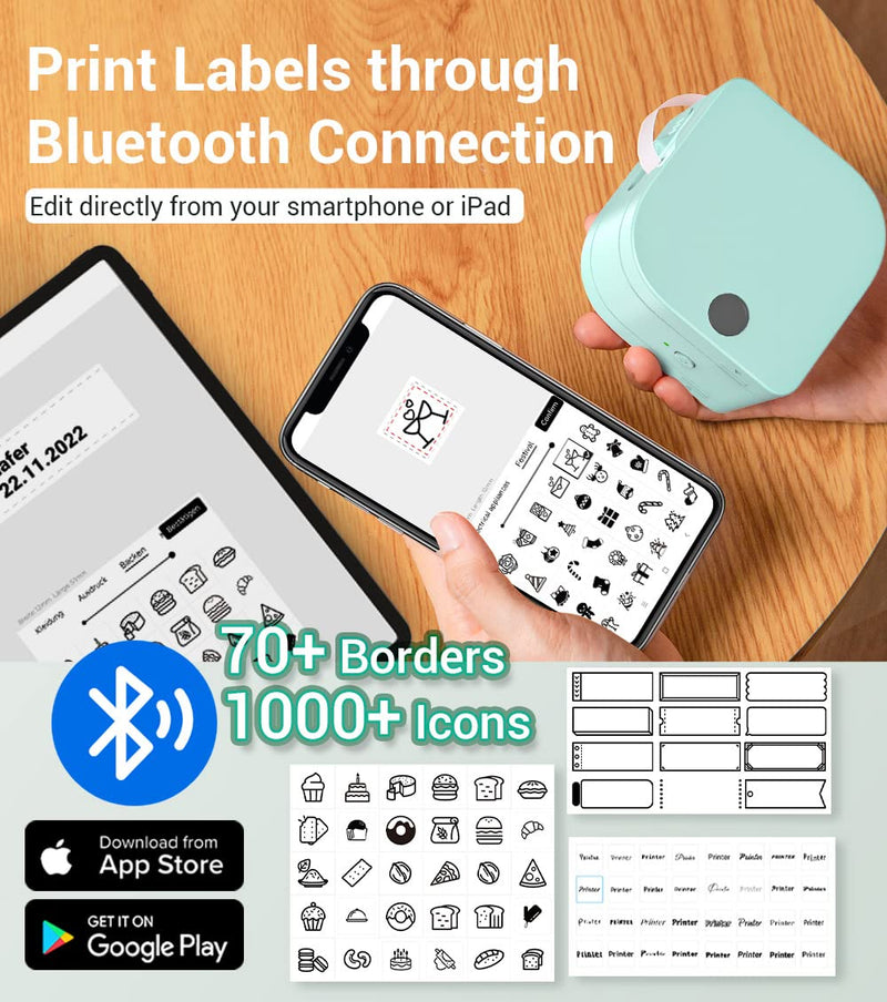 Phomemo Label Makers Machine with Tape, Portable Bluetooth Label Printer, Mini Label Maker Sticker Maker Handheld Labeler with Multiple Template Icon Font for Smartphone for Office Home Organization green