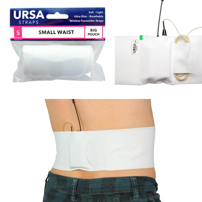 URSA Waist Strap - Ultra Slim, Breathable & Stretchy Microphone Transmitter Straps. Compatible with Most Transmitter/Receivers (White, Small Waist - Small Pouch)