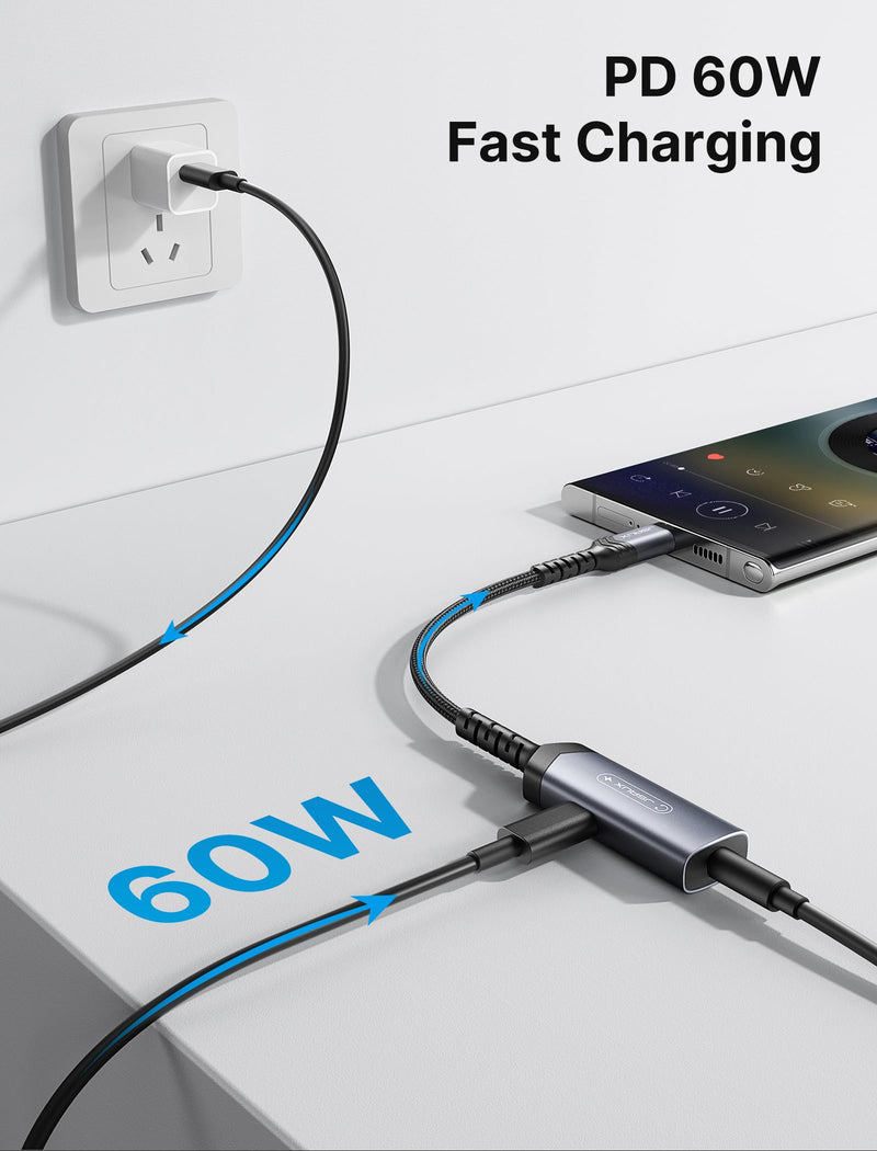 JSAUX USB C to 3.5mm Headphone and Charger Adapter, 2-in-1 AUX Mic Jack with PD 60W Fast Charging,Compatible for Earphones iPhone 15 Pro Max/15 Pro/15 Plus/15, Samsung S24/S24+/S23/S22/S21, iPad Pro Grey