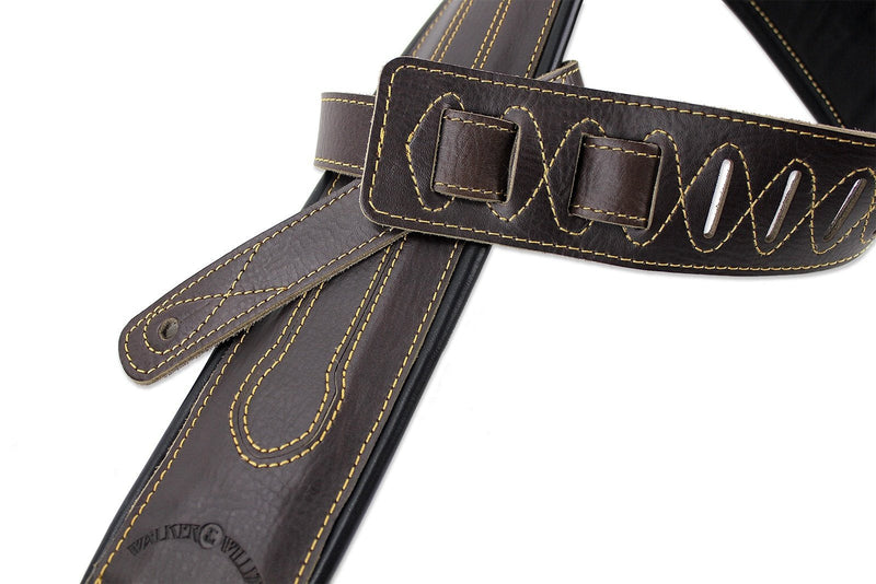Walker & Williams C-34-BRN Cognac Brown Premium Top Grain Leather Padded Guitar Strap 3 1/4" Wide For Acoustic, Electric, And Bass Guitars
