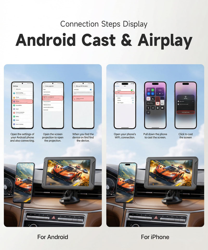 7-Inch HD IPS Portable Carplay Screen for Car, Wireless CarPlay & Android Auto, Bluetooth Music & Call, Wireless Screen Mirroring, CVBS Rearview Camera Compatible with Adjustable Brightness