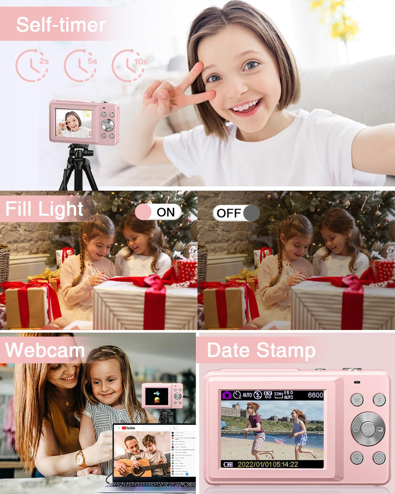 Lecran Digital Camera, FHD 1080P Kids Camera with 32GB Card, 2 Batteries, Lanyard, 16X Zoom Anti Shake, 44MP Compact Portable Small Point Shoot Camera Gift for Kid Student Children Teen Girl Boy(Pink) Pink
