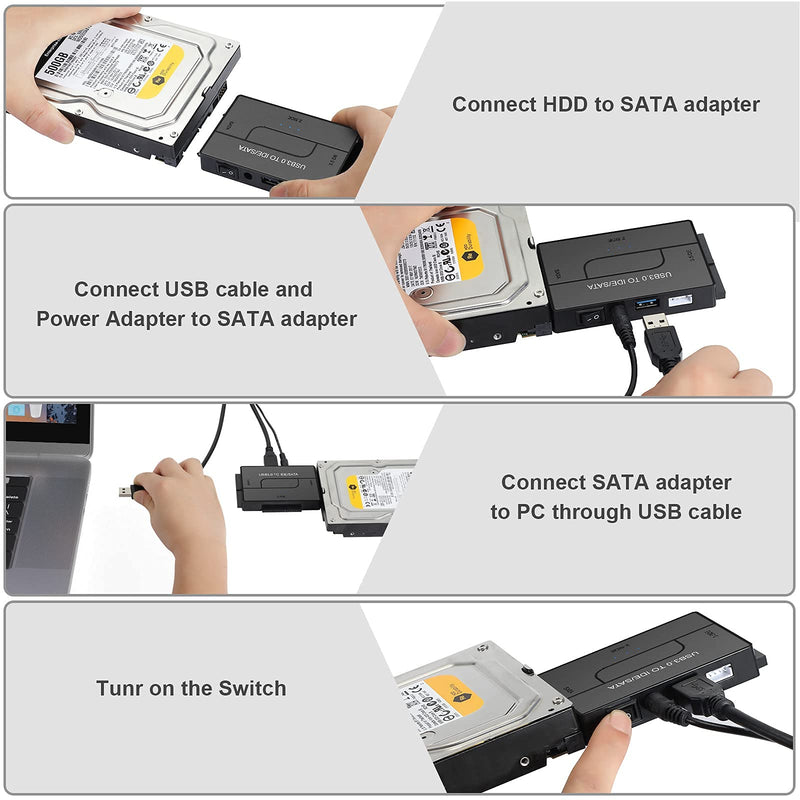 USB 3.0 to SATA IDE Hard Drive Reader, YINNCEEN External Hard Drive Converter Universal Hard Drive Adapter Kit for 2.5/3.5 HDD/SSD Hard Drive Disk, Include 12V/2A Power Adapter BlackTwo