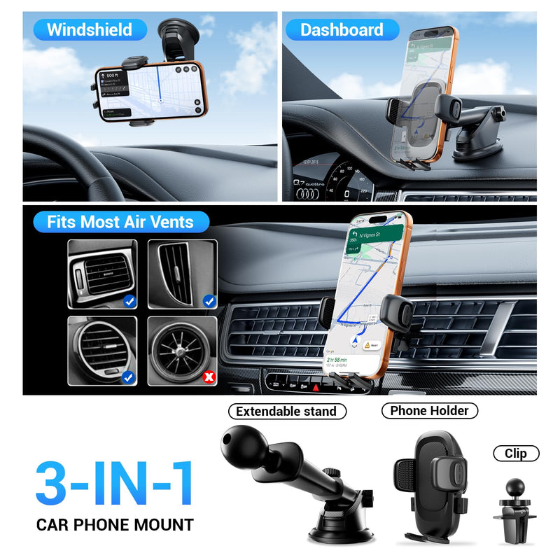 Fourpillars 2026 Upgraded Car Phone Holder Mount Strongest Suction & Clamp | Phone Holders for Your Car Mount with Suction Cup & Telescopic Arm Truck Stand Dashboard Windshield Vent iPhone & Samsung