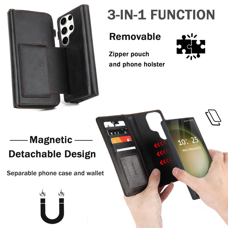 for Samsung Galaxy S24 Ultra Wallet Case,Multi-Function Wallet Case, Detachable 3 in 1 Magnetic Galaxy S24 Ultra Case Wallet,Flip Strap Zipper Card Holder Phone Case with Shoulder Straps(Black) Black