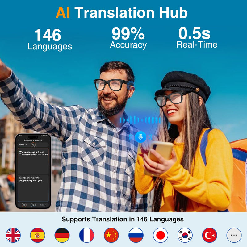 AI Smart Glasses with Camera and Video Recording for Travel & Work | 8MP HD Camera & Video Recording Glasses,146 Languages Real-Time Translation,AI Voice Assistant & Music , Object Recognition