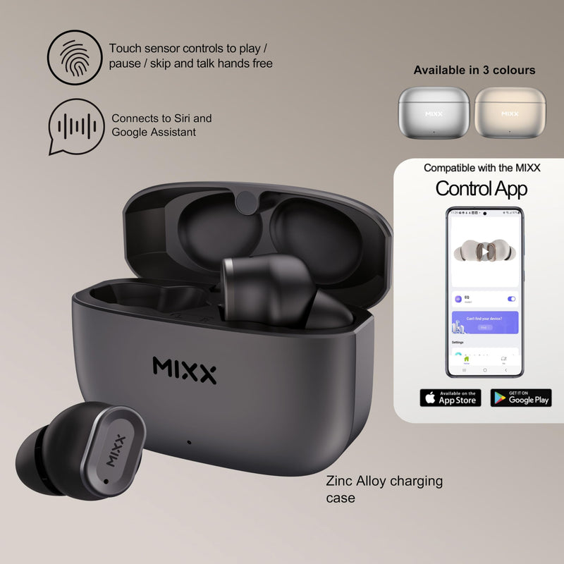 MIXX StreamBuds Custom 1 True Wireless Earbuds – 24hr Battery, Touch Controls, App EQ, Digital Display, Hands-Free Calling, Quick Charge – Zinc Alloy Case, Bluetooth 5.3, 3 Sizes - Black