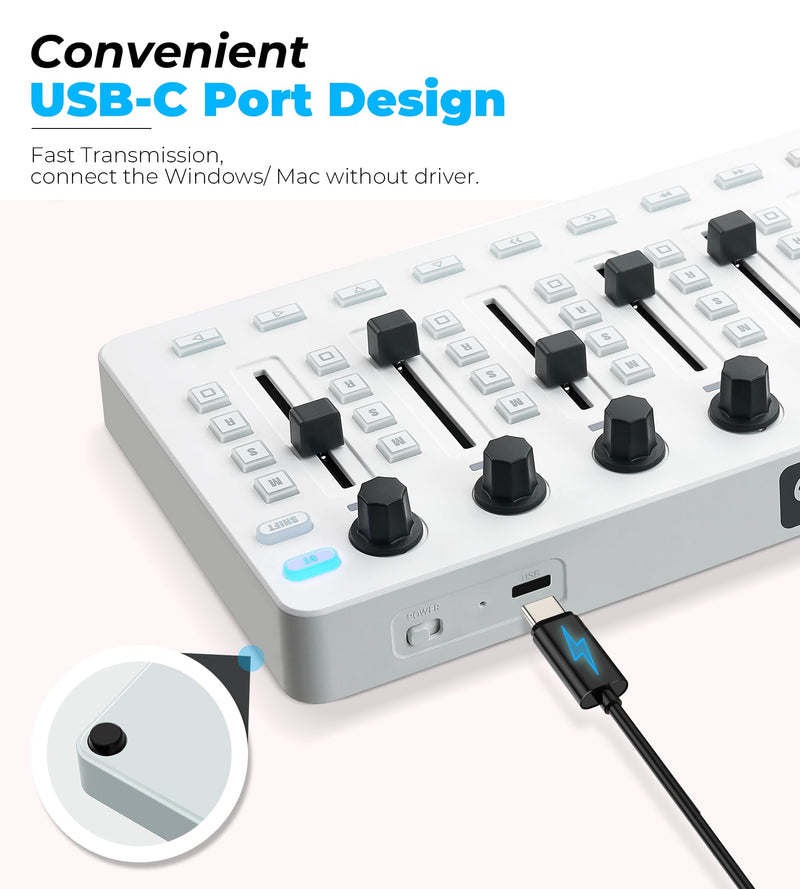 Vangoa Wireless Midi Controller Mixer Mute, Portable USB Midi Keyboard controlador Mixing Console 43 Backlit Button, 8 Channel Faders with LED indicator, 8 Assignable Endless Knobs for Daw, Mac, PC White Midi Mixer