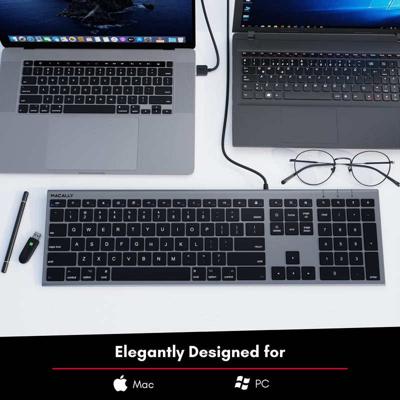 Macally Ultra-Slim USB Wired Computer Keyboard - Works Great as Both a Windows or Wired Mac Keyboard - Compatible Full Size Apple Keyboard with Numeric Keypad for Mac Mini, iMac, MacBook - Space Gray Space Grey