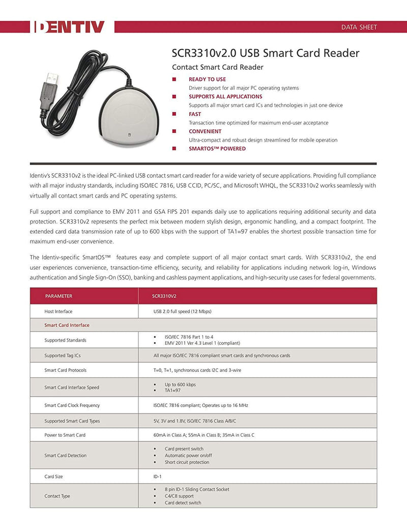 Identiv SCR3310v2.0 USB Smart Card Reader USB A