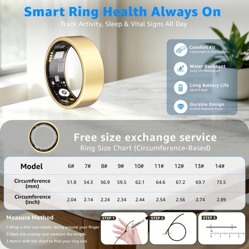Smart Ring No Subscription, Health Tracker Ring for Women (Gold, 8#) | Tracker Sleep, Blood Oxygen, Heart Rate, SpO2, HRV Stress, Step Counter, IP68 Waterproof, Compatible with iOS & Android Gold 8#
