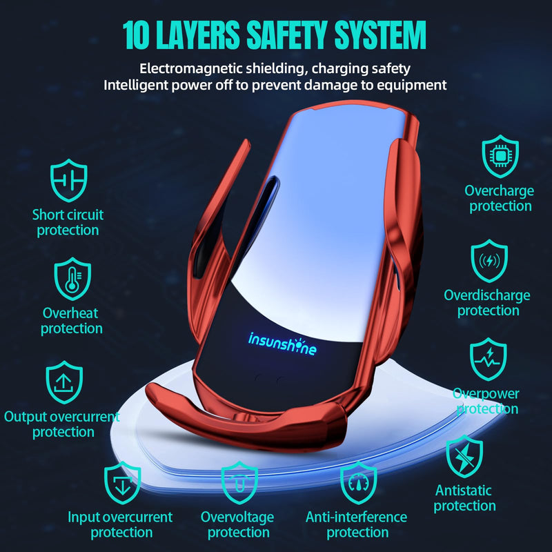 Wireless Car Charger, MAX 15W Fast Charging Auto Clamping, Sensing Phone Holder Mount, fit for iPhone 16 15 14 13 12 Pro Max Xs X, Samsung Galaxy S24 Ultra S23 S22 S21 S20 Note20 (4-Red) 4-Red