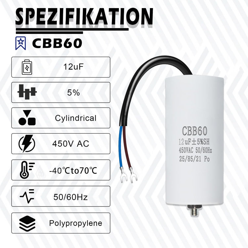 Iruihoo Motor Capacitor CBB60 12µF 450V Capacitor Starting Capacitor 50/60Hz with Wire M8 Capacitor for Electric Motor M_12uF
