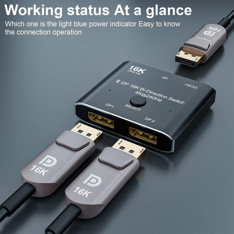 CABLEDECONN DisplayPort 2.1 8K 10K 16K DP Video Switch Bi-Direction Ultra HD 8K@120Hz 4K@240Hz Splitter Converter for Multiple Source and displays dp 16k switch 2x1