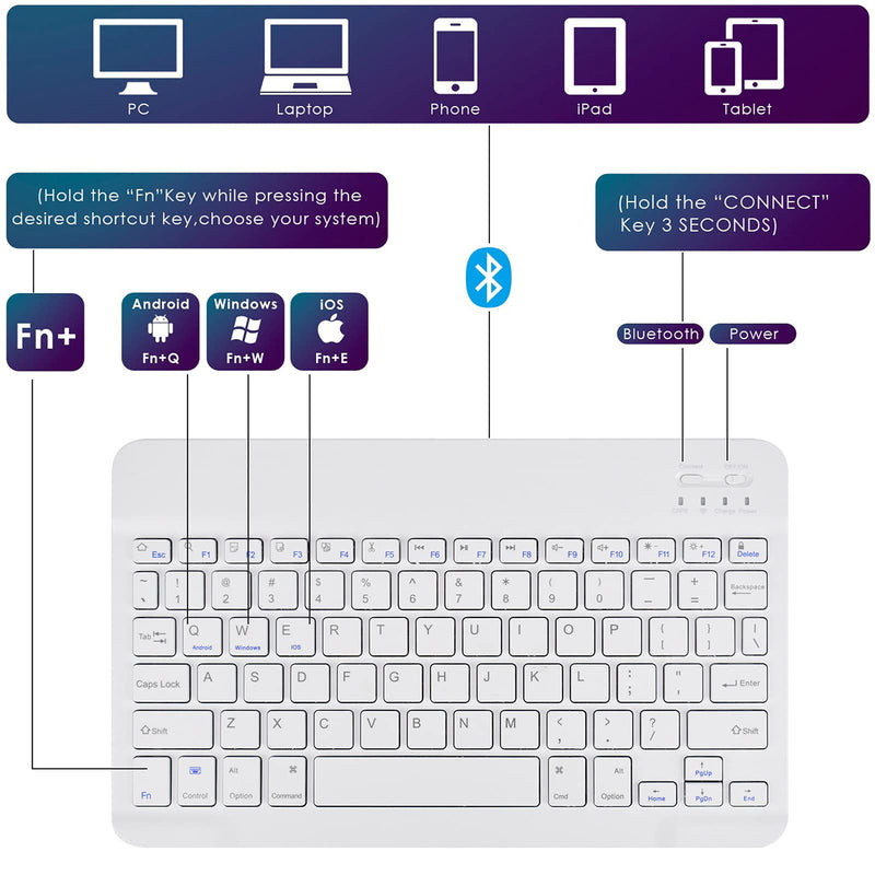 DETUOSI Universal 9.6-10.5 inch Wireless Bluetooth Keyboard, Multi-Device Travel Portable Ultrathin (6mm) Lightweight Wireless Bluetooth Keyboard for iOS/Android/Windows Tablet, Computer, Phone #White for 9.6-10.5 inch tablet White