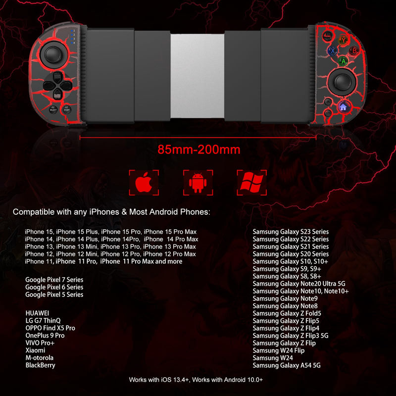 RGB Cracked Gaming Controller for iPhone Android PC iOS Wireless Gamepad Joystick for iPhone 15/14/13/12/X, iPad, Galaxy S23/S22/S21, TCL, LG, Tablet, Turbo, 18 Color LED, Call of duty, Direct Play RGB cracked