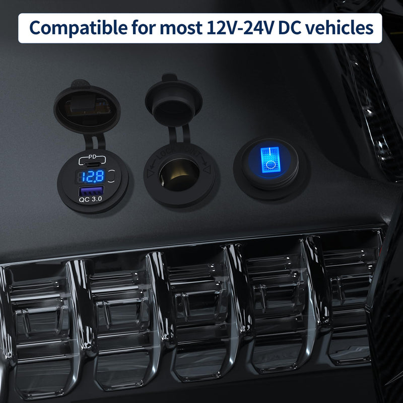 DaierTek 12V USB C Car Charger Socket 3-Pack - 48W PD & QC 3.0 Fast Charging Dual USB Outlet with Voltmeter & ON/Off Switch, Waterproof 12V Charging Port for Car, Marine, Boat, Golf Cart